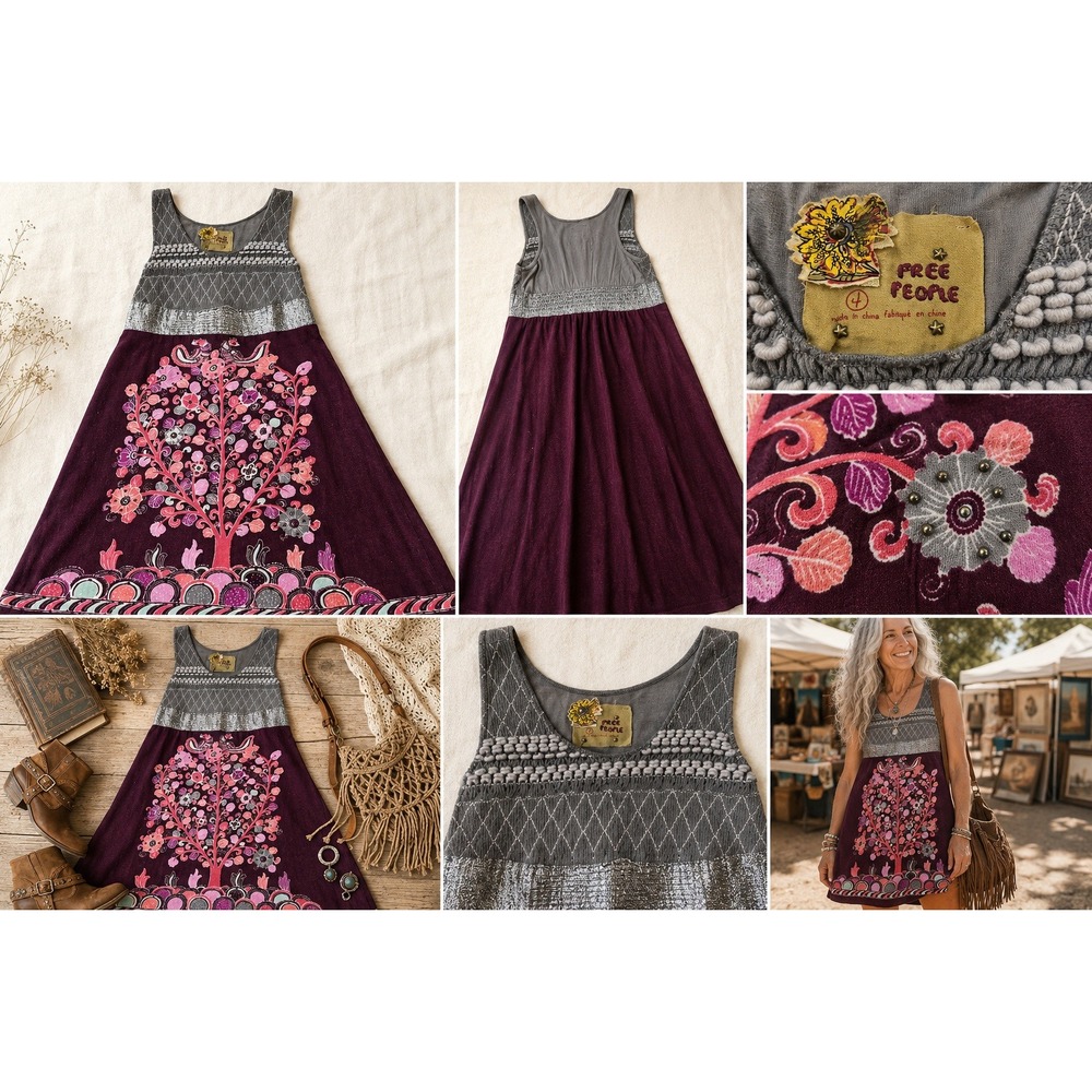 Vintage Free People Folk Art Tree Dress Grey Purple Embroidered Studded Size 4